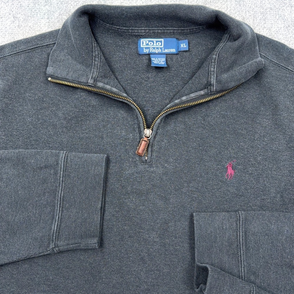 Polo Ralph Lauren Sweater Men XL Gray Pullover Quarter 1/4 Zip Estate Red Pony N